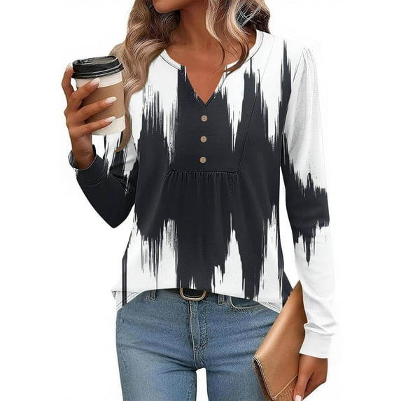 JUSLIO Button-Up Shirts for Women Relaxed Fit Graphic Blouses Fashion Long sleeve V Neck Blouses Black M