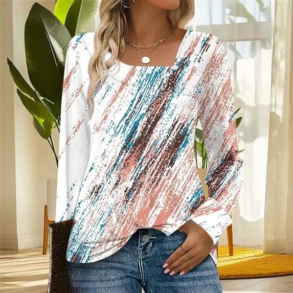 JUSLIO Button-Up Shirts for Women Relaxed Fit Graphic Blouses Irregular Print Long sleeve Turtleneck Blouses Khaki 2XL