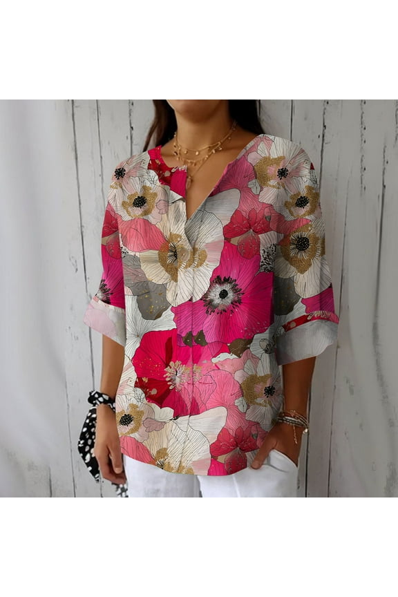 Button-Up Shirts for Women Relaxed Fit Graphic Blouses Irregular Print Long sleeve V Neck Blouses Hot Pink S