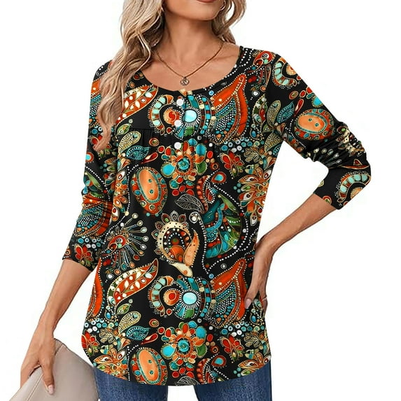 JUSLIO Button-Up Shirts for Women Relaxed Fit Pullover Blouses Graphic Long sleeve Round Neck Ruched Blouses Brown L