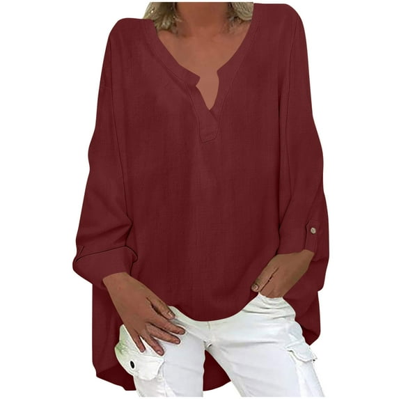 JUSLIO Button-Up Shirts for Women Relaxed Fit Solid Blouses Fashion Long sleeve V Neck Blouses Wine L