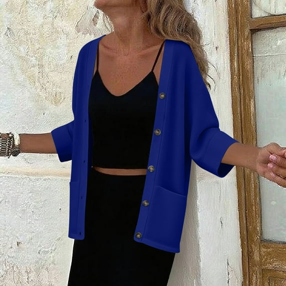 JUSLIO Button-Up Shirts for Women with Pockets Solid Cardigans Fashion Long sleeve Cardigans Blue XL