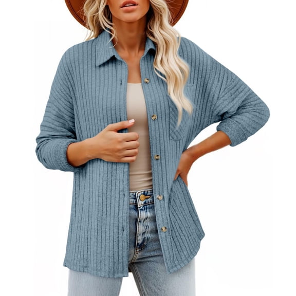 JUSLIO Button-Up Shirts for Women with Pockets Solid Cardigans Fashion Long sleeve Collar Cardigans Blue L