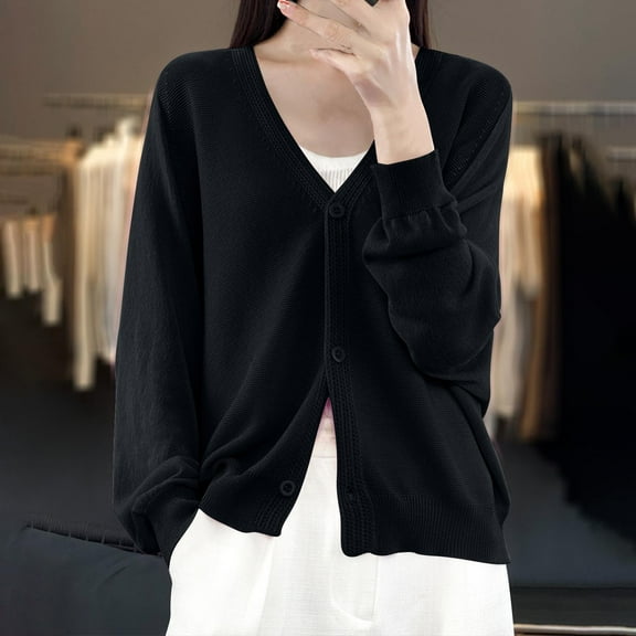 JUSLIO Button-Up Tops for Women Knit Solid Shirts Fashion Long sleeve V Neck Shirts Black XL