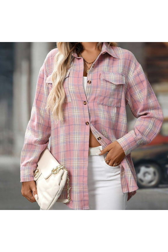 Button-Up Tops for Women Plaid Cotton Blouses with Pockets Long sleeve Collar Blouses Pink XL