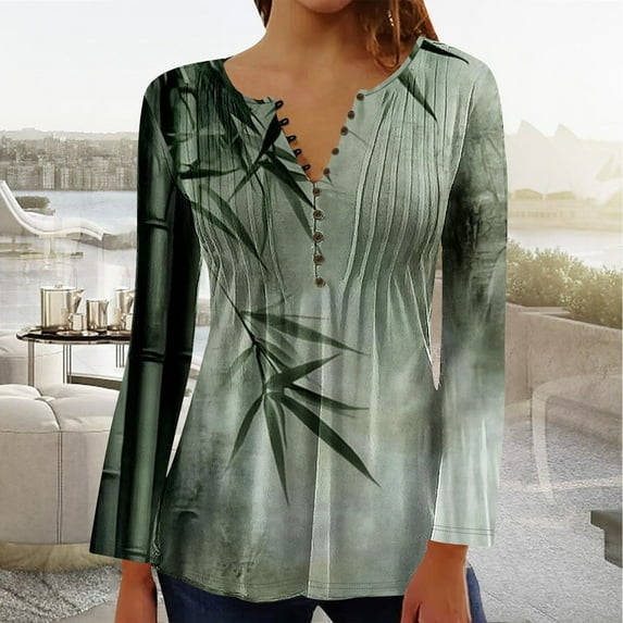 JUSLIO Button-Up Tops for Women Pullover Graphic Blouses Ruched Long sleeve V Neck Blouses Multicolor XL