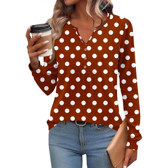 JUSLIO Button-Up Tops for Women Relaxed Fit Graphic Shirts Fashion Long sleeve V Neck Shirts Brown M