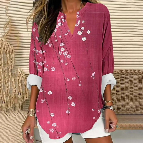 JUSLIO Button-Up Tops for Women Relaxed Fit Graphic Shirts Fashion Long sleeve V Neck Shirts Multicolor S