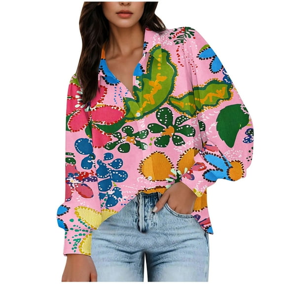 JUSLIO Button-Up Women Tops Casual Solid Shirts Fashion Long sleeve Collar Shirts Hot Pink 2XL