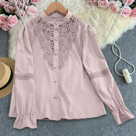 JUSLIO Button-Up Women Tops Casual Solid Shirts Fashion Long sleeve Stand Collar Shirts Pink L