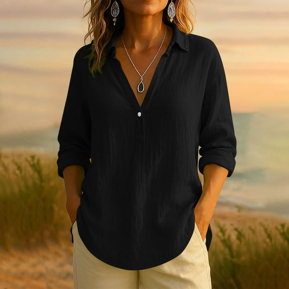 JUSLIO Button-Up Women Tops Cotton Solid Shirts Fashion Long sleeve V Neck Linen Shirts Black L