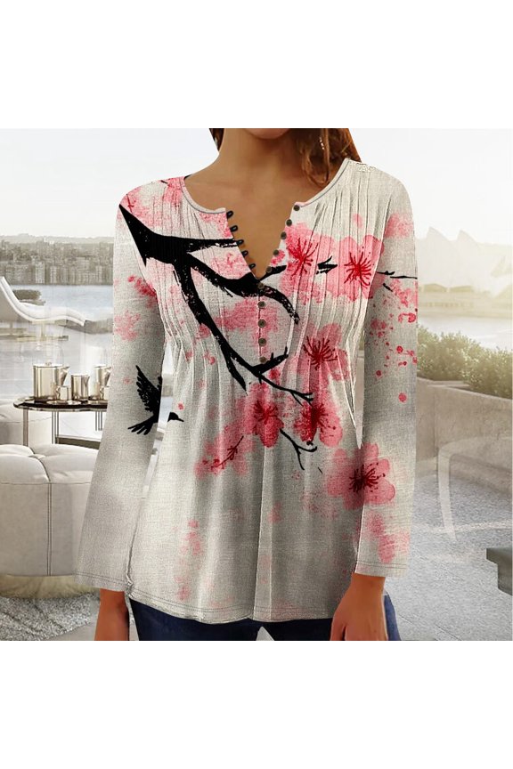 Button-Up Women Tops Pullover Graphic Shirts Ruched Long sleeve V Neck Shirts Multicolor 2XL