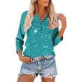 thumbnail image 1 of JUSLIO Button-Up Women Tops Relaxed Fit Casual Shirts Fashion 3/4 Sleeve V Neck Shirts Blue 2XL, 1 of 8