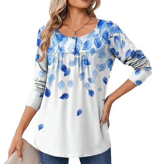 JUSLIO Button-Up Women Tops Relaxed Fit Pullover Blouses Graphic Long sleeve Round Neck Ruched Blouses Light Blue L