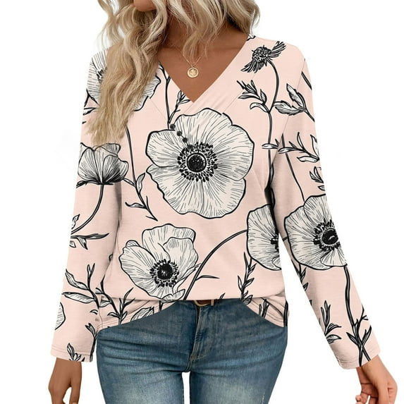 JUSLIO Button-Up Womens Blouses Pullover Graphic Shirts Tops Irregular Print Long sleeve V Neck Shirts Tops Pink L(US:8)