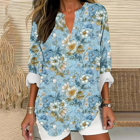 JUSLIO Button-Up Womens Blouses Relaxed Fit Graphic Shirts Tops Fashion Long sleeve V Neck Shirts Tops Multicolor 5XL
