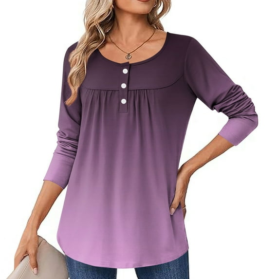 JUSLIO Button-Up Womens Blouses Relaxed Fit Pullover Shirts Tops Graphic Long sleeve Round Neck Ruched Shirts Tops Purple M