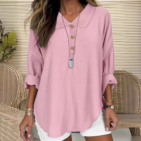 JUSLIO Button-Up Womens Shirts Cotton Solid Blouses Fashion Long sleeve Collar Blouses Pink L