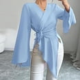 thumbnail image 1 of JUSLIO Button-Up Womens Shirts Cotton Solid Blouses Lace-up Long sleeve V Neck Blouses Blue S, 1 of 3