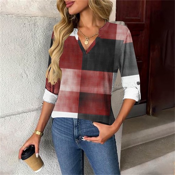 JUSLIO Button-Up Womens Shirts Plaid Graphic Blouses Fashion Long sleeve V Neck Blouses Wine S
