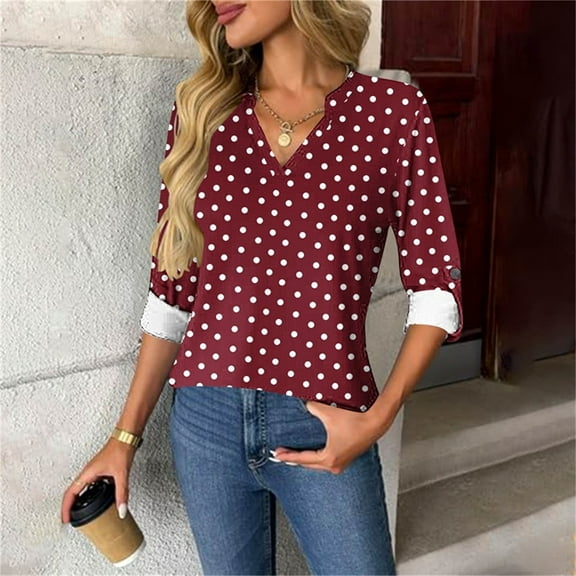 JUSLIO Button-Up Womens Shirts Polka Dot Graphic Blouses Fashion Long sleeve V Neck Blouses Red S