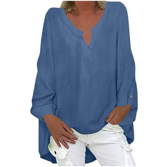 JUSLIO Button-Up Womens Shirts Relaxed Fit Solid Blouses Fashion Long sleeve V Neck Blouses Blue L