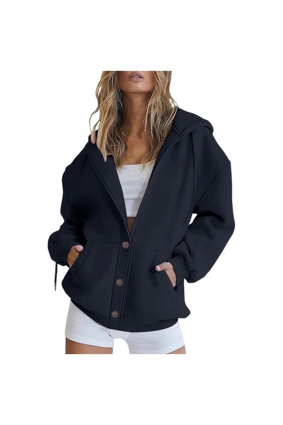 Button-Up Womens Shirts Solid Hoodies Sweatshirts Fashion Long sleeve V-Neck Sweatshirts Navy 2XL