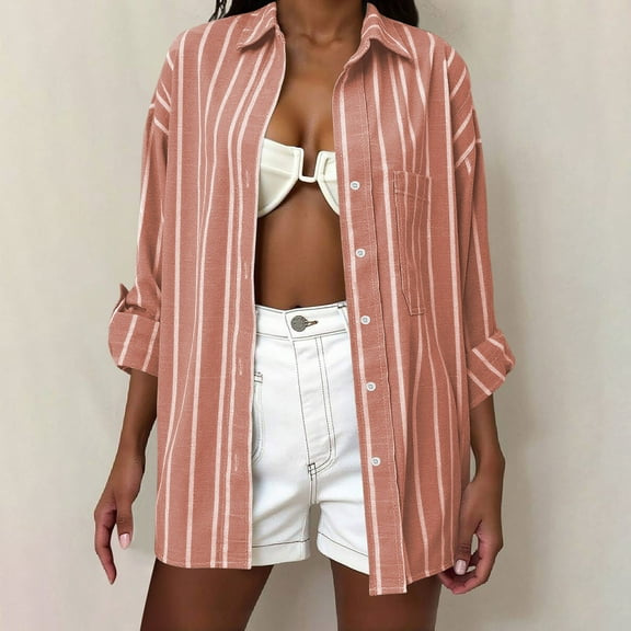 JUSLIO Button-Up Womens Shirts Striped Relaxed Fit Cardigans with Pockets Long sleeve Collar Cardigans Pink L