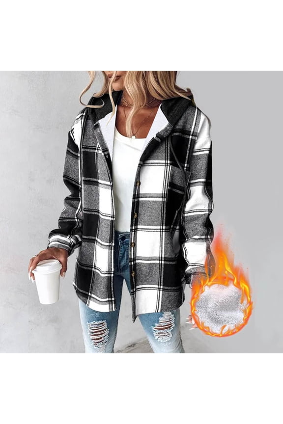 Button-Up Womens Tops Plaid Fleece Hoodies with Pockets Long sleeve Hoodies Black L