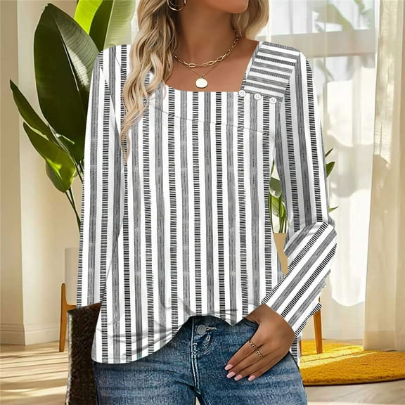 JUSLIO Button-Up Womens Tops Relaxed Fit Graphic Shirts Irregular Print Long sleeve Turtleneck Shirts Gray L