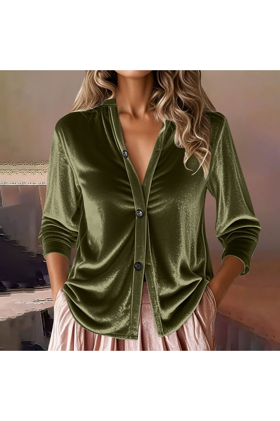 Button-Up Womens Tops Velvet Fleece Cardigans Fashion Long sleeve V Neck Cardigans Army Green L
