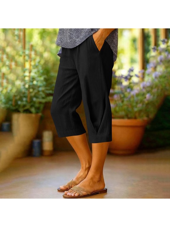 Capris for Women Drawstring High, Waist with Pockets Casual Everyday Linen Capris