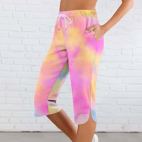 JUSLIO Capris for Women Elastic Waist, Drawstring with Pockets Fashion Print Workout Casual Split Hem Capri Pants