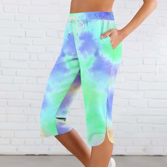 JUSLIO Capris for Women Fashion Print, Elastic Waist Drawstring with Pockets Casual Workout Split Hem Capri Pants