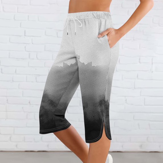 JUSLIO Capris for Women Fashion Print, Elastic Waist Drawstring with Pockets Casual Workout Split Hem Capri Pants