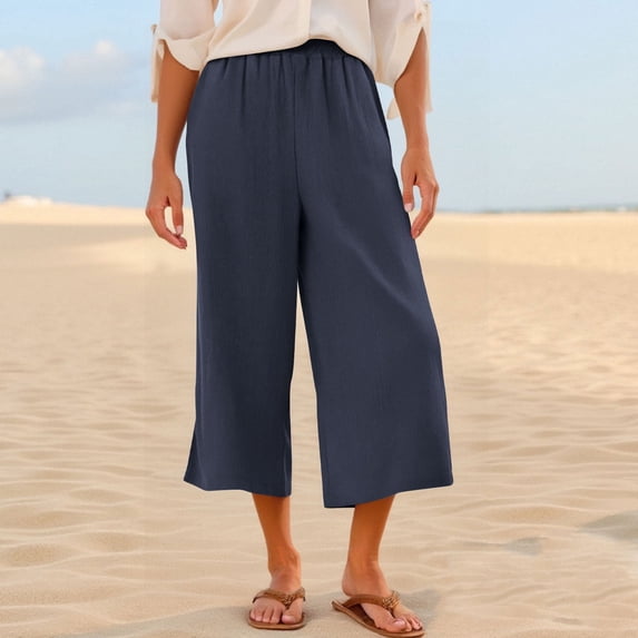 JUSLIO Capris for Women with Pockets, Loose Solid Drawstring Casual Everyday Wide-Leg Capris