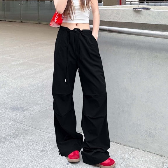 JUSLIO Cargo Pants for Women Casual High Waist Pockets Comfortable Straight Leg Pants Black M