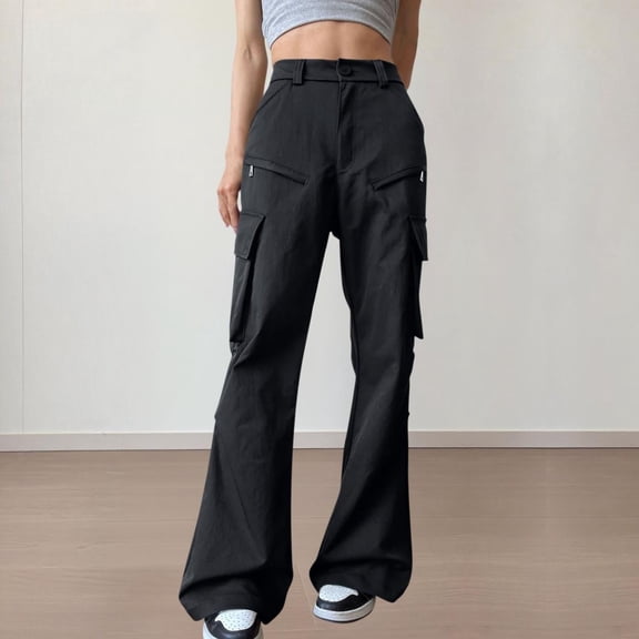 JUSLIO Cargo Pants for Women Casual Zipper Pockets Comfortable Straight Leg Wide Leg Pants Bell-bottoms Black M