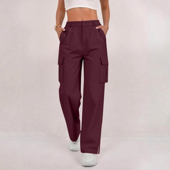 JUSLIO Cargo Pants for Women Comfortable Button Side Opening Pants for Women Casual Red L