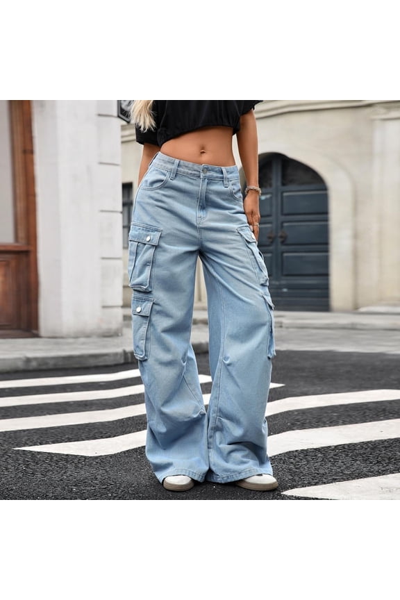 Cargo Pants for Women Comfortable Casual High Waist Jeans Pants for Women Straight Leg Pants Blue 2XL