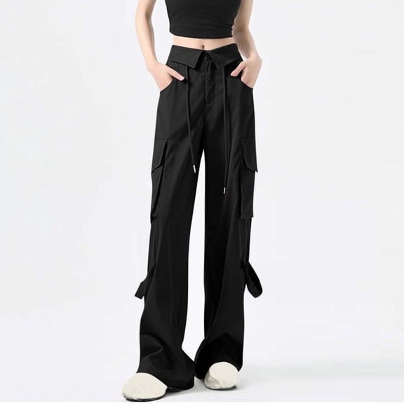 JUSLIO Cargo Pants for Women Comfortable Casual High Waist Pockets Straight Leg Pants Black M