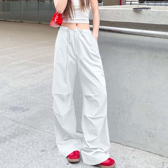 JUSLIO Cargo Pants for Women Comfortable Casual High Waist Pockets Straight Leg Pants White S