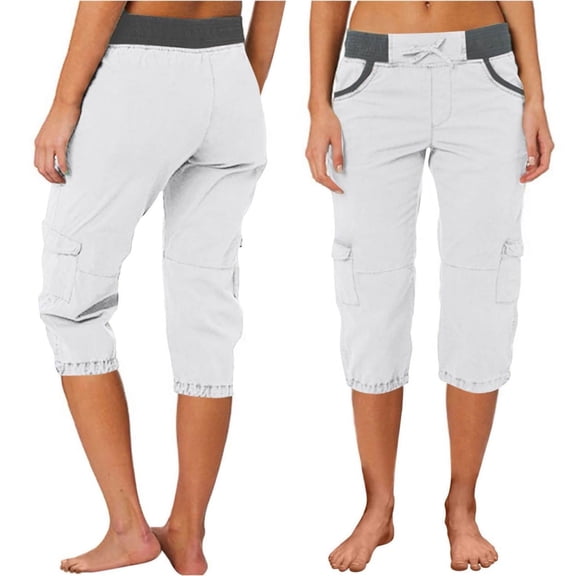 JUSLIO Cargo Pants for Women High Waist Pockets Drawstring Casual Comfortable White XL