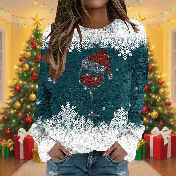JUSLIO Christmas Womens Shirts Warm Fleece Blouses Graphic Long sleeve Round Neck Blouses Light Blue M