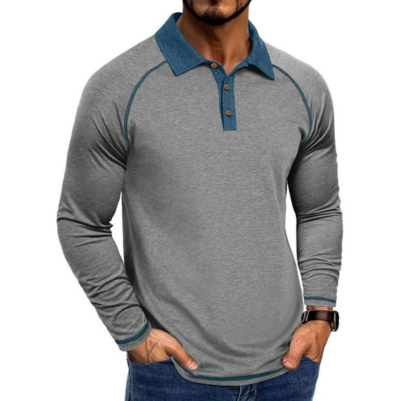 JUSLIO Color Block Long Sleeve T Shirts for Men Button-Up Cotton Tops Solid Long sleeve Round Neck Tops Gray L