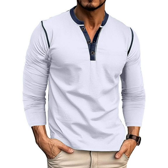 JUSLIO Color Block Mens Shirts Button-Up Cotton Tops Fashion Long sleeve Round Neck Tops White 3XL