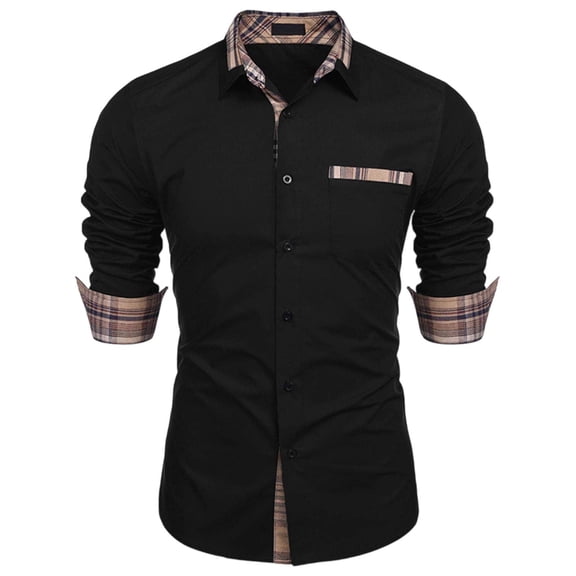 JUSLIO Color Block Shirts for Men Button-Up Casual Tops Fashion Long sleeve Collar Tops Black M