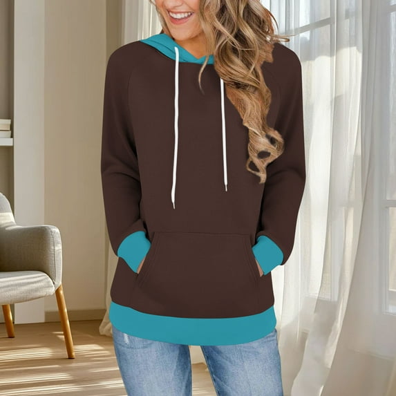 JUSLIO Color Block Shirts for Women Relaxed Fit Hoodies Sweatshirts with Pockets Long sleeve Sweatshirts Coffee S