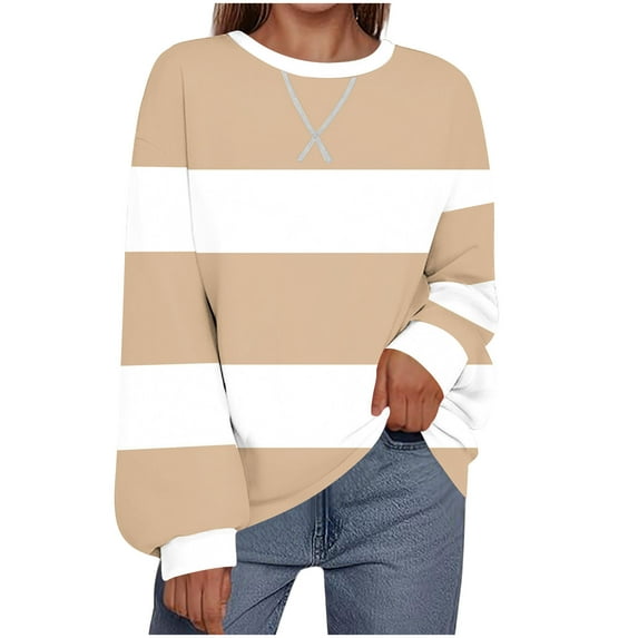 JUSLIO Color Block Women Tops Relaxed Fit Casual Sweatshirts Fashion Long sleeve Round Neck Sweatshirts Beige 2XL
