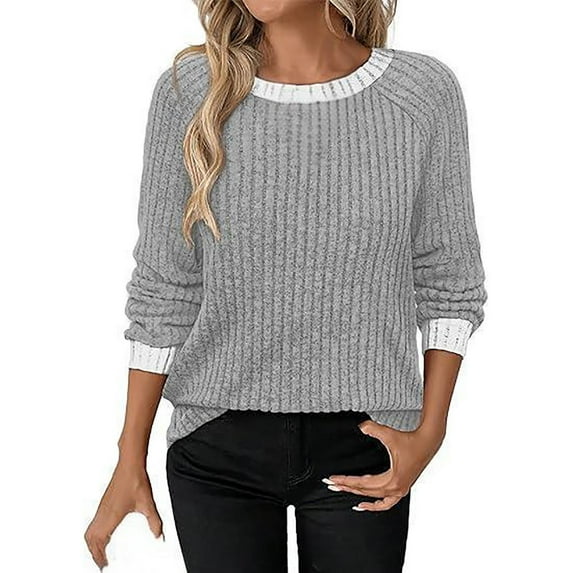 JUSLIO Color Block Womens Shirts Relaxed Fit Casual Blouses Fashion Long sleeve Round Neck Blouses Gray S